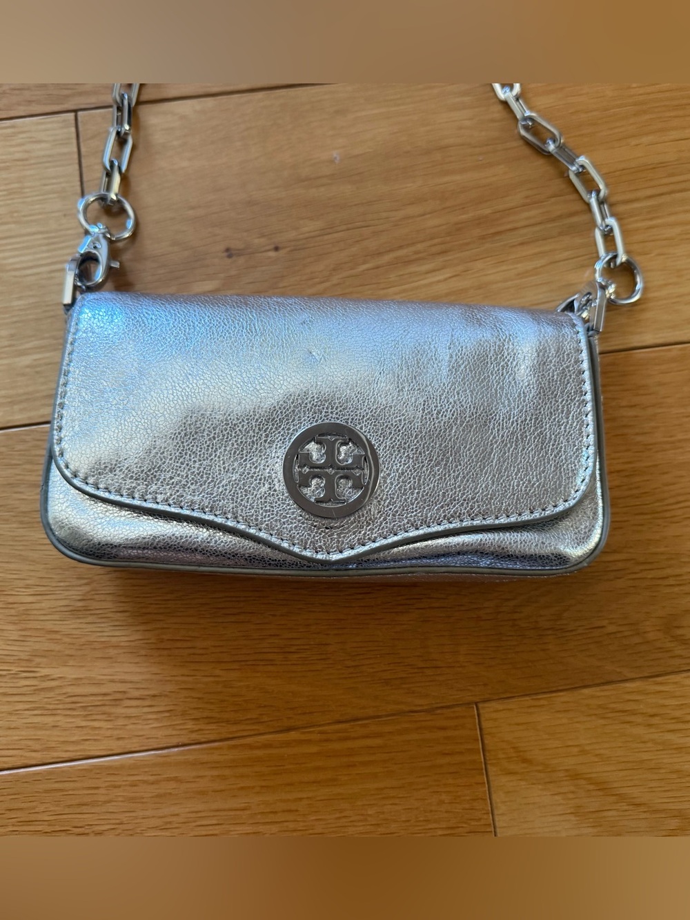Tory Burch Metallic Silver Logo Chain Crossbody